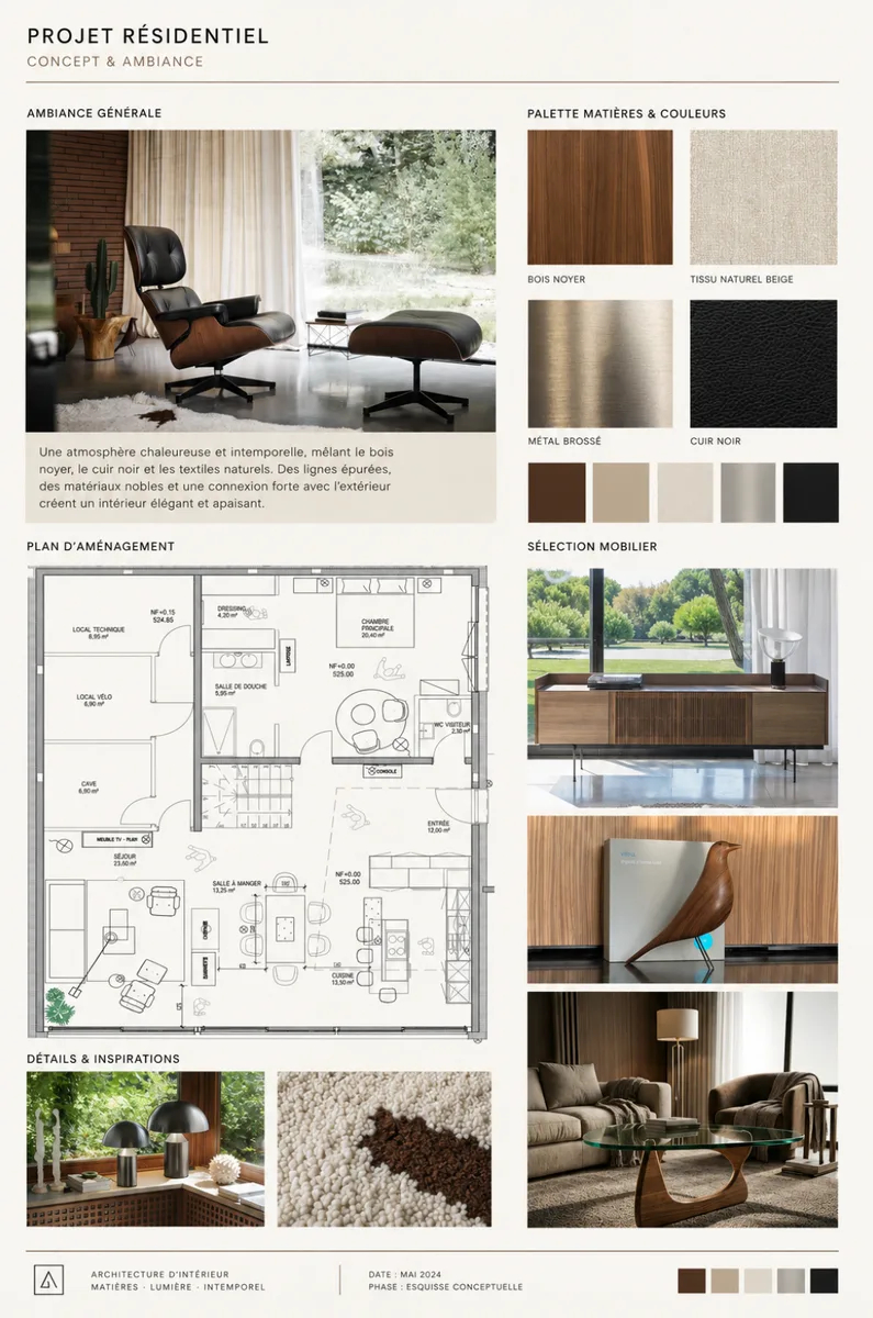 Sélection de mobilier, finitions et matières de design